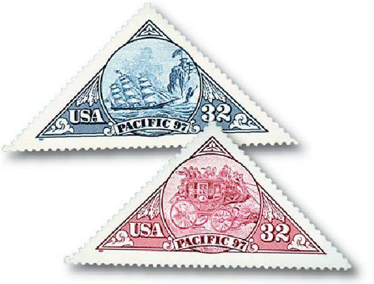 Five (5) unused vintage postage stamps - Pacific stagecoach/ship // 32 cent stamps // Face value 1.60