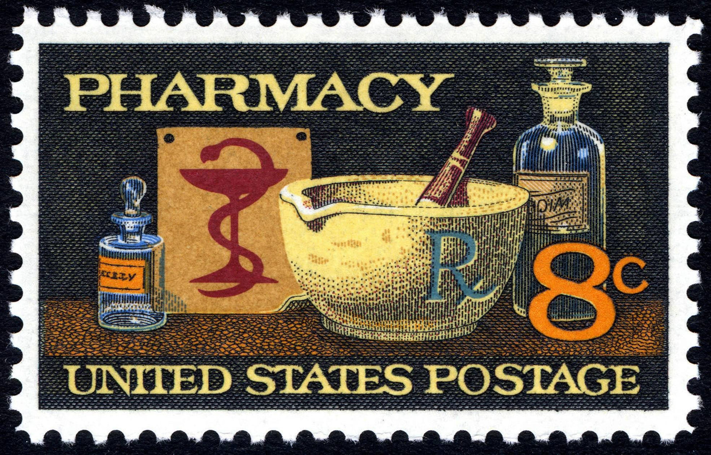 Five (5) vintage unused postage stamps - Pharmacy // 8 cent stamps // Face value 0.40