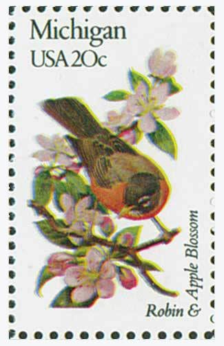 Five (5) vintage unused postage stamps - Michigan state bird and flower // 20 cent stamps // Face value 1.00