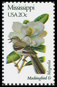 Five (5) vintage unused postage stamps - Mississippi state bird and flower // 20 cent stamps // Face value 1.00