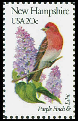 Five (5) vintage unused postage stamps - New Hampshire state bird and flower // 20 cent stamps // Face value 1.00