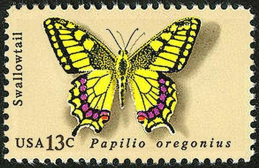 Five (5) vintage unused postage stamps - Butterflies: swallowtail // 13 cent stamps // Face value 0.65