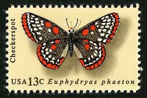 Five (5) vintage unused postage stamps - Butterflies: checkerspot // 13 cent stamps // Face value 0.65