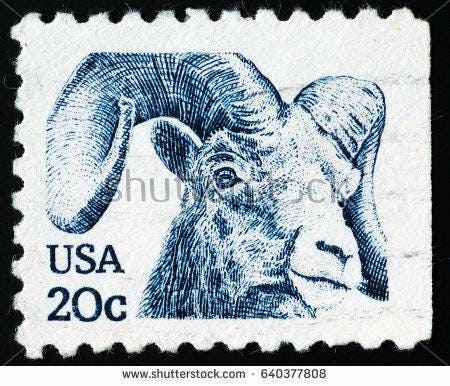 Ten (10) vintage unused postage stamps - Bighorn sheep, American wildlife // 20 cent stamps // Face value 2.00