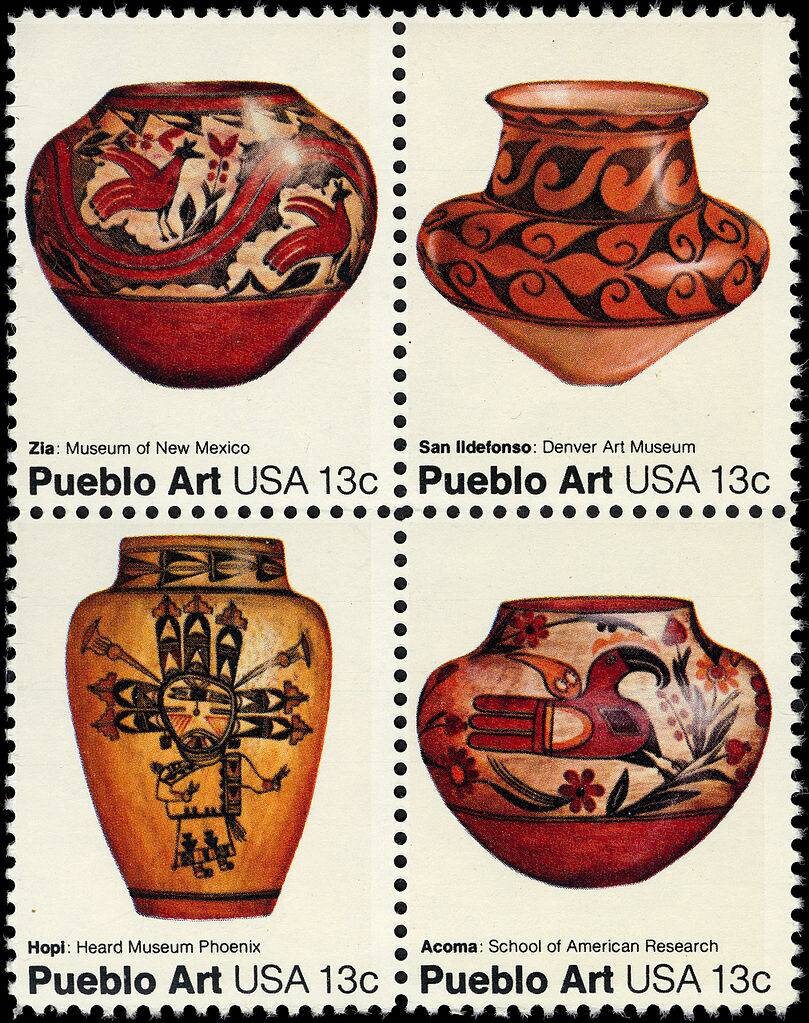 Twelve (12) vintage unused postage stamps - Pueblo art stamps // 13 cent stamps // Face value 1.56