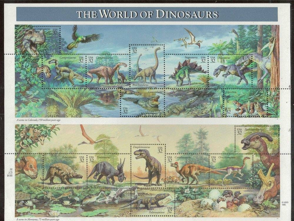 Fifteen (15) vintage postage stamps - World of dinosaurs (sheet) // 32 cent stamps // Face value 4.80 dollars