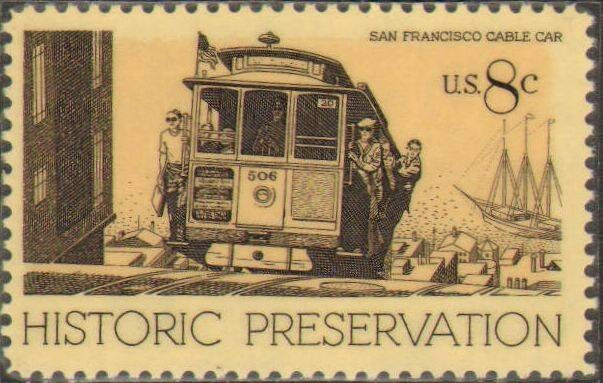 Five (5) vintage unused postage stamps - Historic preservation, Cable car, San Francisco // 8 cent stamps // Face value 0.40