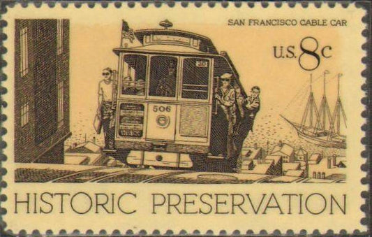 Five (5) vintage unused postage stamps - Historic preservation, Cable car, San Francisco // 8 cent stamps // Face value 0.40