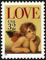 Five (5) vintage unused postage stamps - Angel & Love // 32 cent stamps // Face value 1.60