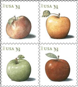 Four (4) unused postage stamps - Apples // 33 cent stamps // Face value 1.32