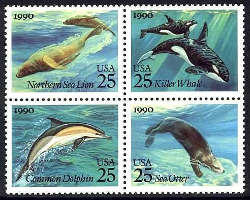 Four (4) vintage unused postage stamps - Sea creatures // 25 cent stamps // Face 1.00