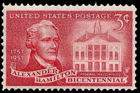 Five (5) vintage unused postage stamps - Alexander Hamilton // 3 cent stamps // Face value 0.15