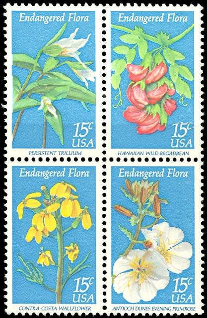 Four (4) vintage unused postage stamps - Endangered flora // 15 cent stamps // face value 0.60