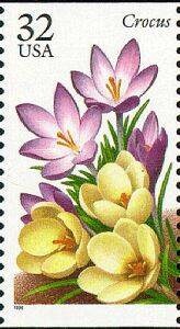 Five (5) vintage unused postage stamps - Crocus, winter garden flowers // 32 cent stamps // Face value 1.60