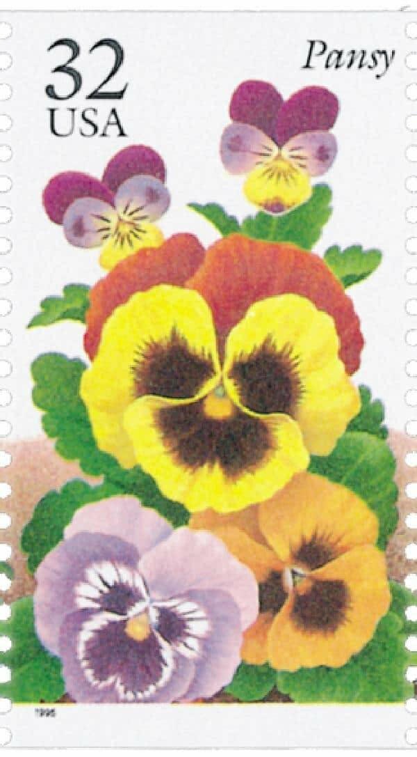 Five (5) vintage unused postage stamps - Pansy, winter garden flowers // 32 cent stamps // Face value 1.60