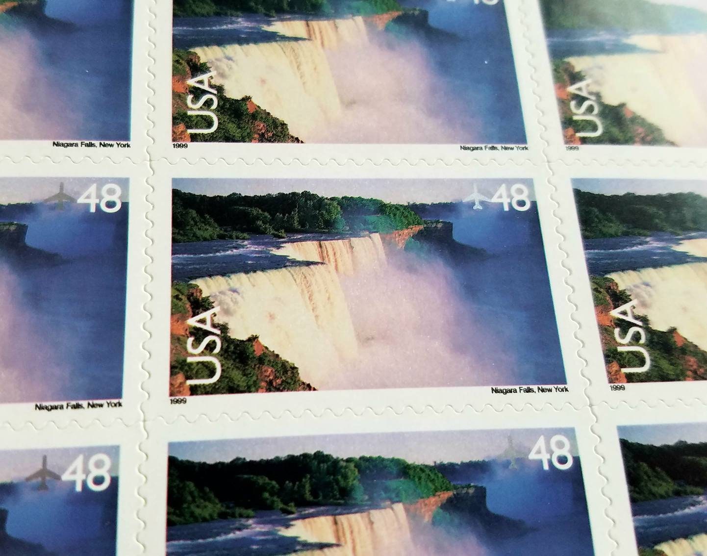 Five (5) vintage unused postage stamps - Air mail: landscape, Niagara Falls // 48 cent stamps // Face value 2.40