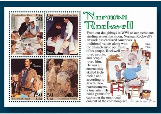 Minisheet with four (4) unused postage stamps - Norman Rockwell: the four freedoms // 50 cent stamps // Face value 2.00