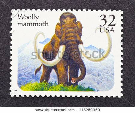 Five (5) vintage unused postage stamps - Prehistoric animals - Woolly mammoth // 32 cent stamps // Face 1.60