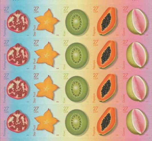 Five (5) vintage unused postage stamps - Tropical fruit - pomegranate, guava, kiwi, papaya, star fruit // 27 cent stamps // face value 1.35