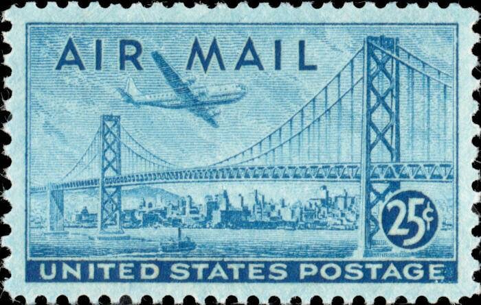 Five (5) unused US postage stamps - Plane over Oakland Bridge airmail // 25 cent stamps // Face value 1.25