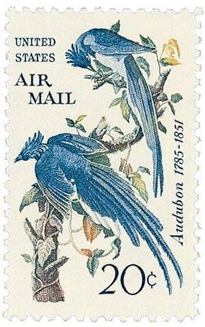 Five (5) vintage unused postage stamps // Audubon Columbia jay bird // 20 cent stamps // face value 1.00