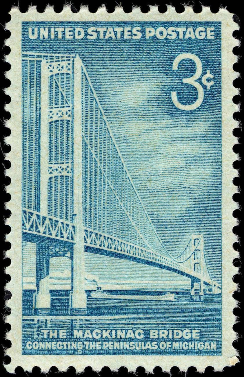 Five (5) unused vintage postage stamps - Mackinac Bridge // 3 cent stamps // Face value 0.15