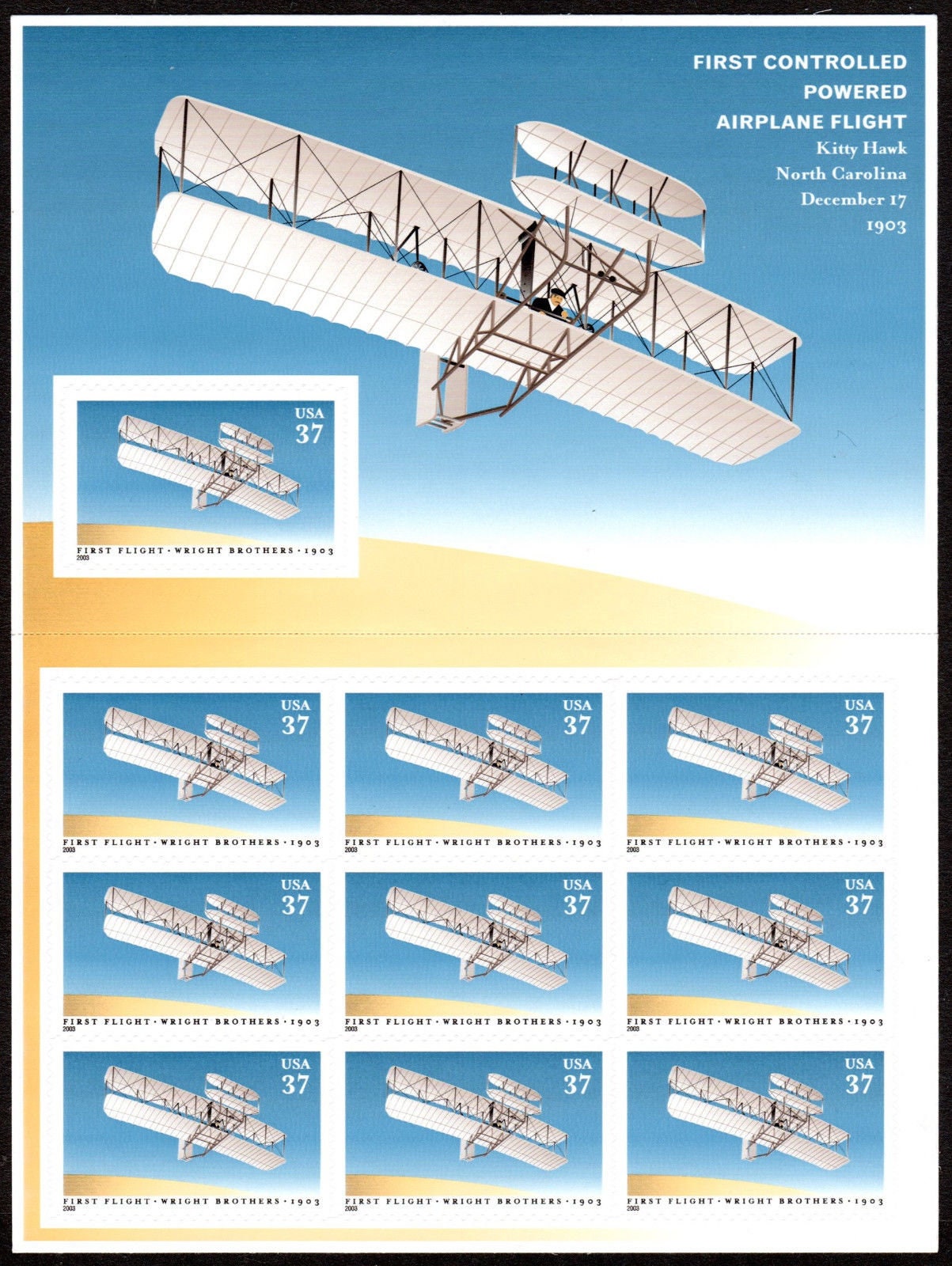 Ten (10) unused postage stamps - First flight (mini-sheet) // 37 cent stamps // Face value 3.70