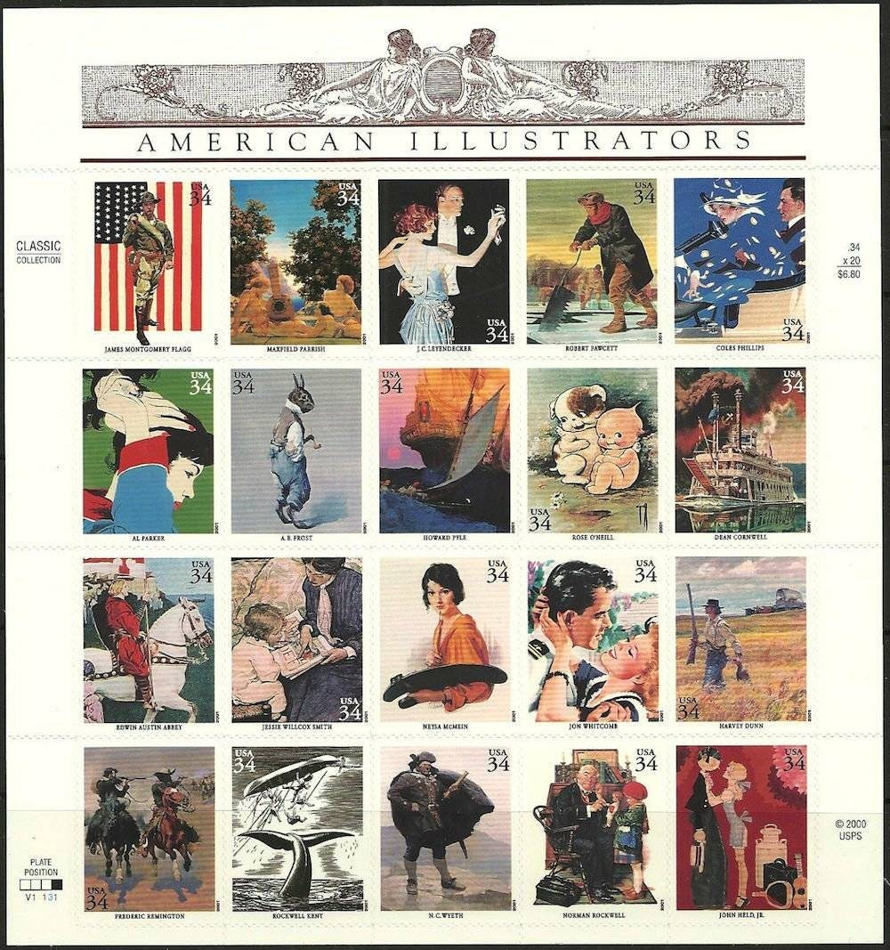 Twenty (20) unused postage stamps - American Illustrators (sheet) // 34 cent stamps // Face value 6.80