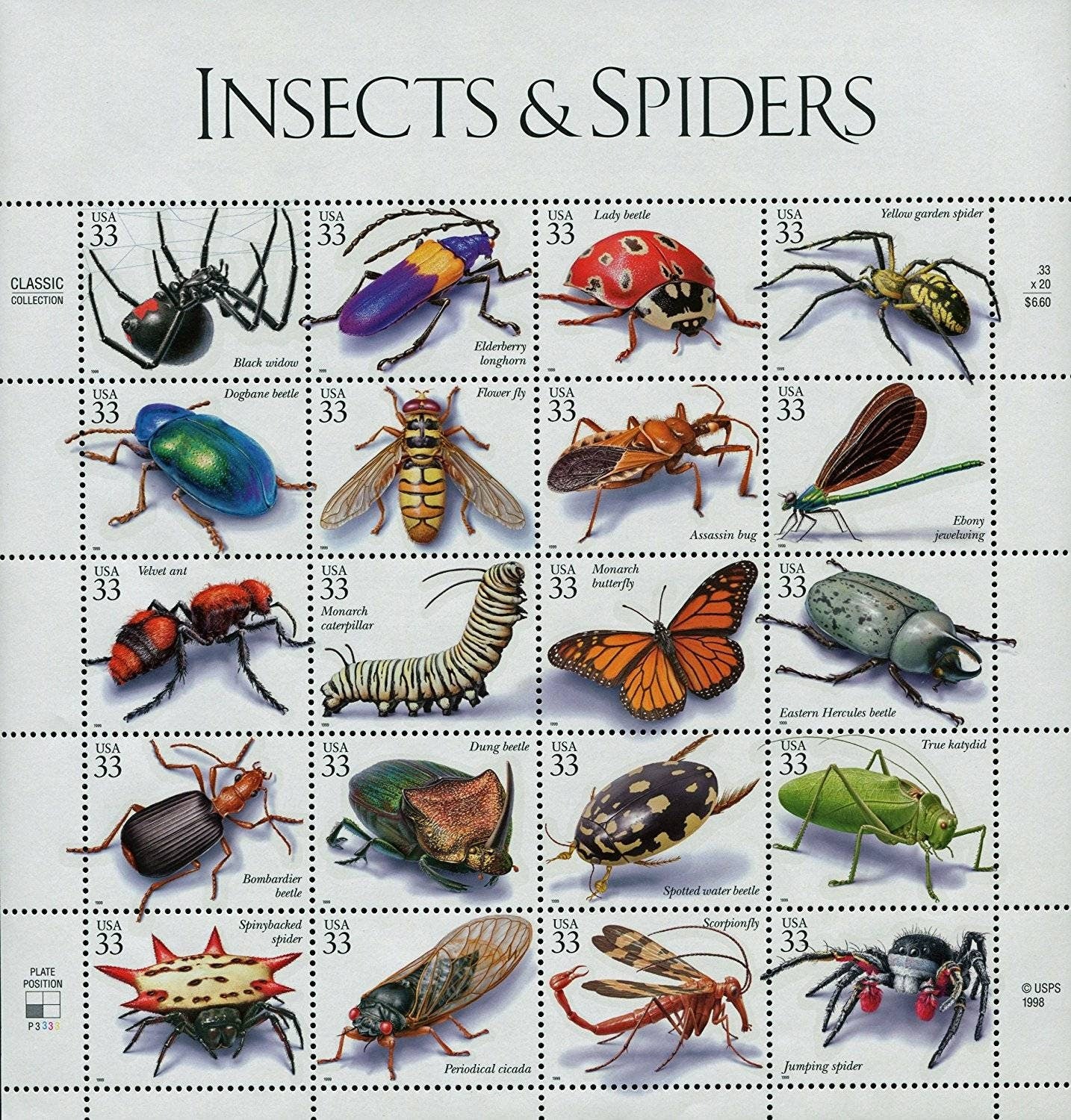 Twenty (20) unused postage stamps - Insects and Spiders (sheet) // 33 cent stamps // Face value 6.60