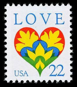 Five (5) vintage unused postage stamps - Love and colorful hearts // 22 cent stamps // Face value 1.10