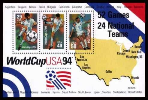 Minisheet with three (3) unused postage stamps - World Cup USA 1994 // 29 40 50 cent stamps // Face value 1.19