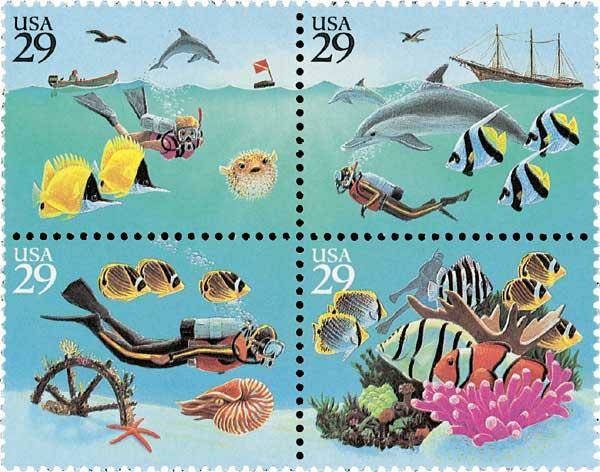 Four (4) vintage unused postage stamps - Wonders of the sea // 29 cent stamps // Face value 1.16