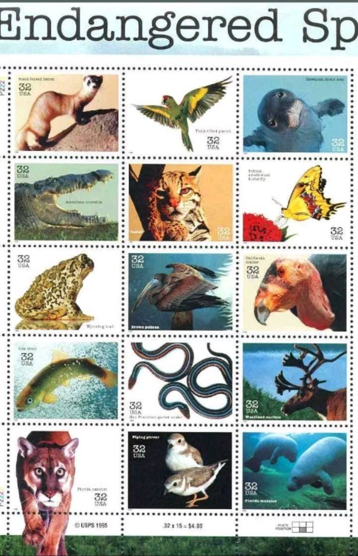 Fifteen (15) vintage postage stamps - Endangered species (sheet) // 32 cent stamps // Face value 4.80 dollars