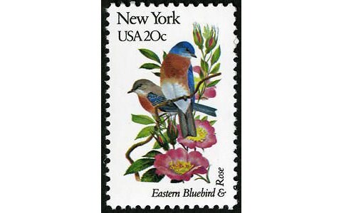 Five (5) vintage unused postage stamps - New York state bird and flower // 20 cent stamps // Face value 1.00