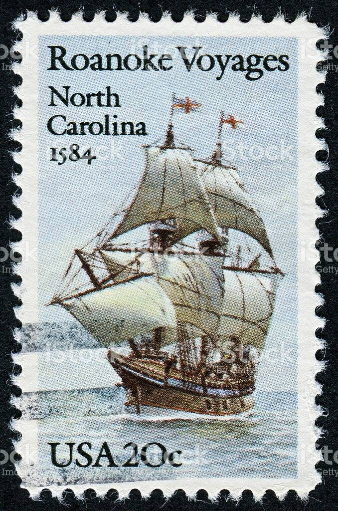 Five (5) vintage unused postage stamps - North Carolina, Roanoke voyages // 20 cent stamps // Face value 1.00