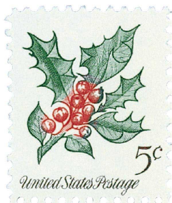 Five (5) vintage Christmas postage stamps - Christmas plants - Holly // 5 cent stamps // Face value 0.25