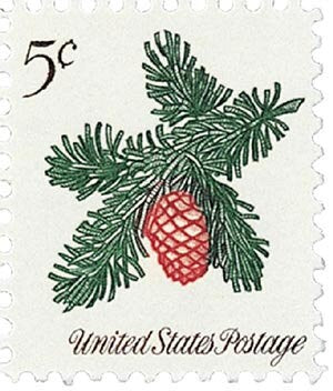 Five (5) vintage Christmas postage stamps - Christmas plants - Sprig of Conifer // 5 cent stamps // Face value 0.25