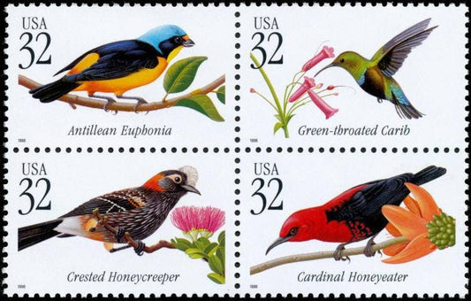 Four (4) unused US postage stamps - Tropical birds / 32 cent stamps / Face value 1.28