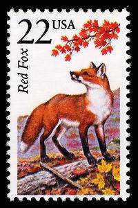 Five (5) vintage unused postage stamps - North American Wildlife, Red fox // 22 cent stamps // Face value 1.10