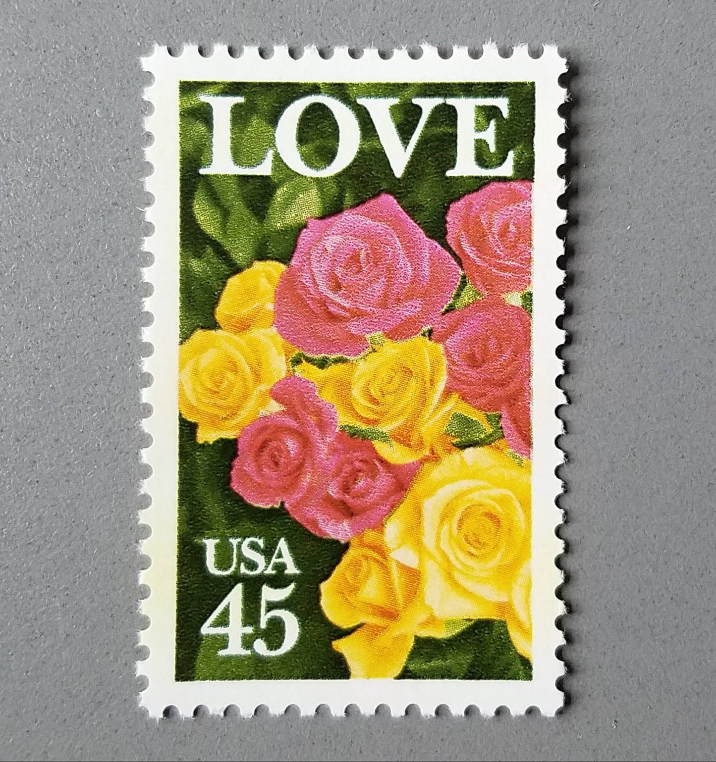 Five (5) vintage unused postage stamps - Love & roses // 45 cent stamps // face value 2.25