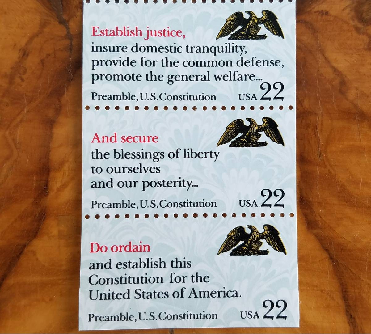 Five (5) vintage postage stamps - Preamble to the Constitution // 22 cent stamps // Face value 1.10