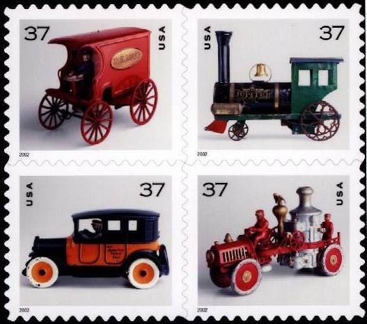 Four (4) unused stamps - Antique toys // 37 cent stamps // Face value 1.48