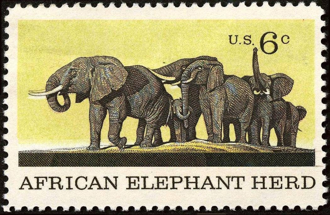 Five (5) vintage unused postage stamps - African elephant, wildlife conservation // 6 cent stamps // Face value 0.30