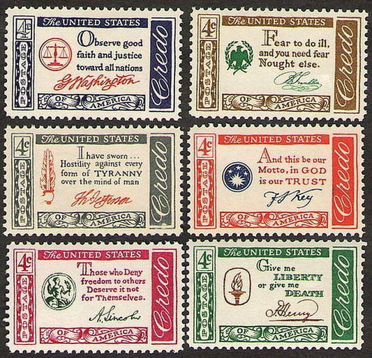 Six (6) vintage postage stamps // American credo: Lincoln Jefferson Washington Patrick Henry Ben Franklin Francis Scott Key / 4 cent stamps