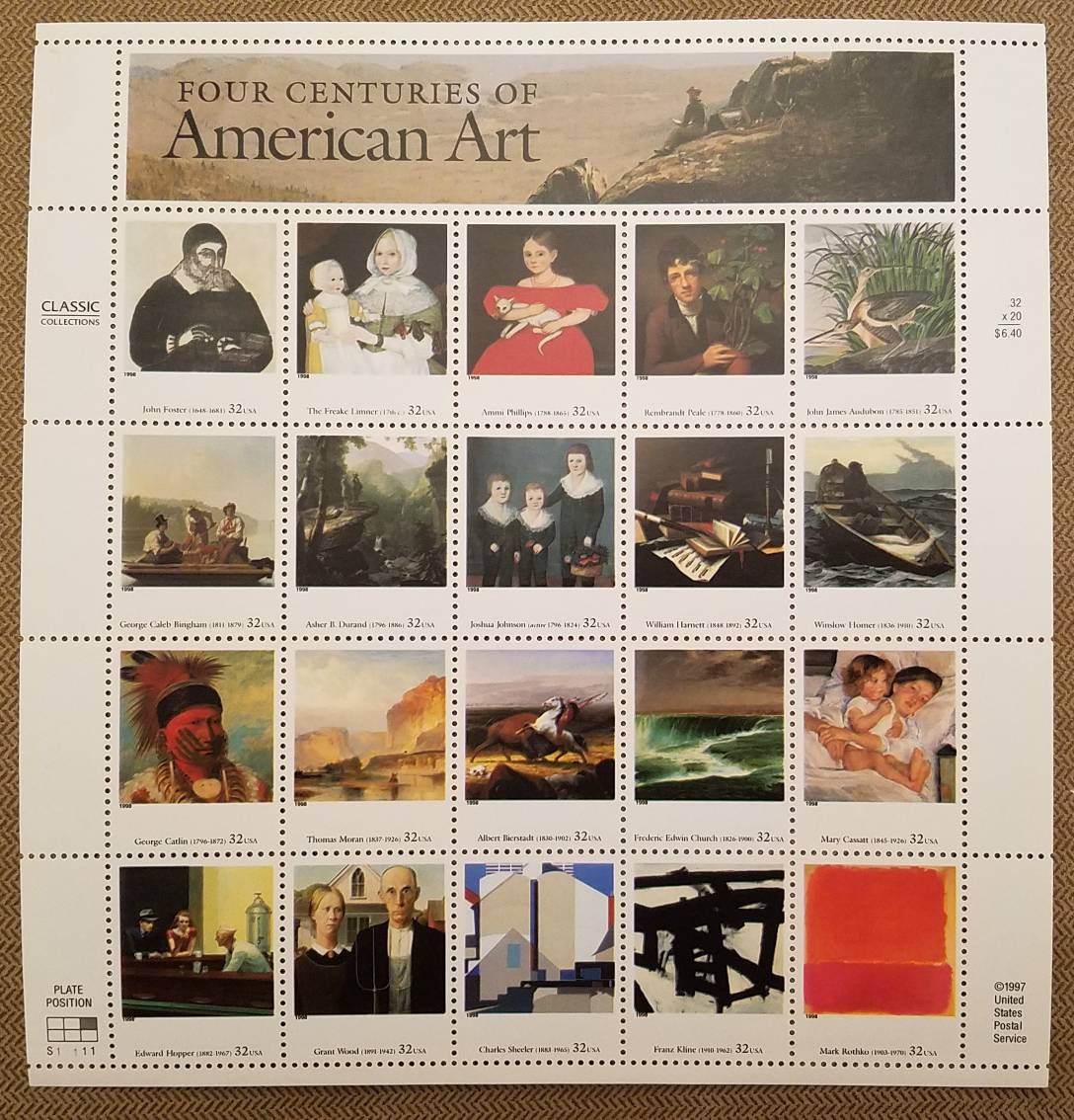 Twenty (20) unused postage stamps - Four Centuries of American Art (sheet) // 32 cent stamps // Face value 6.40