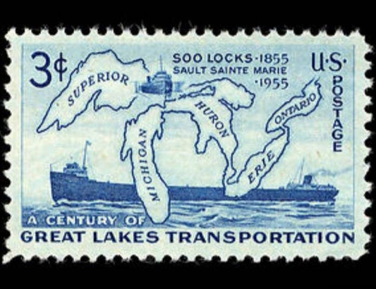 Five (5) vintage postage stamps - Soo locks, Great Lakes // 3 cent stamps // face value 0.15