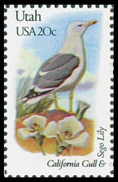 Five (5) vintage unused postage stamps - Utah state bird and flower // 20 cent stamps // Face value 1.00