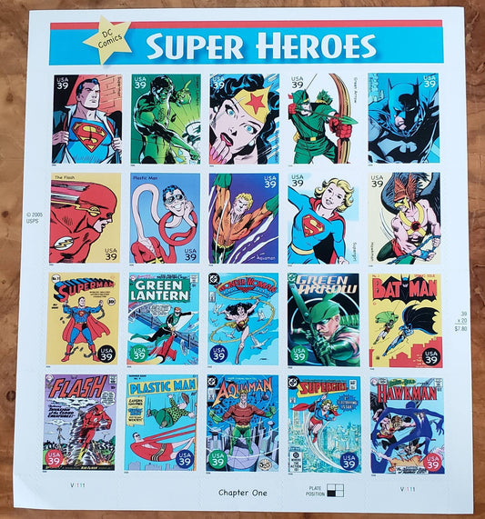 20 Super Heroes, DC comics, Chapter 1 (sheet) // unused postage stamps // 39 cent stamps // Face value 7.80