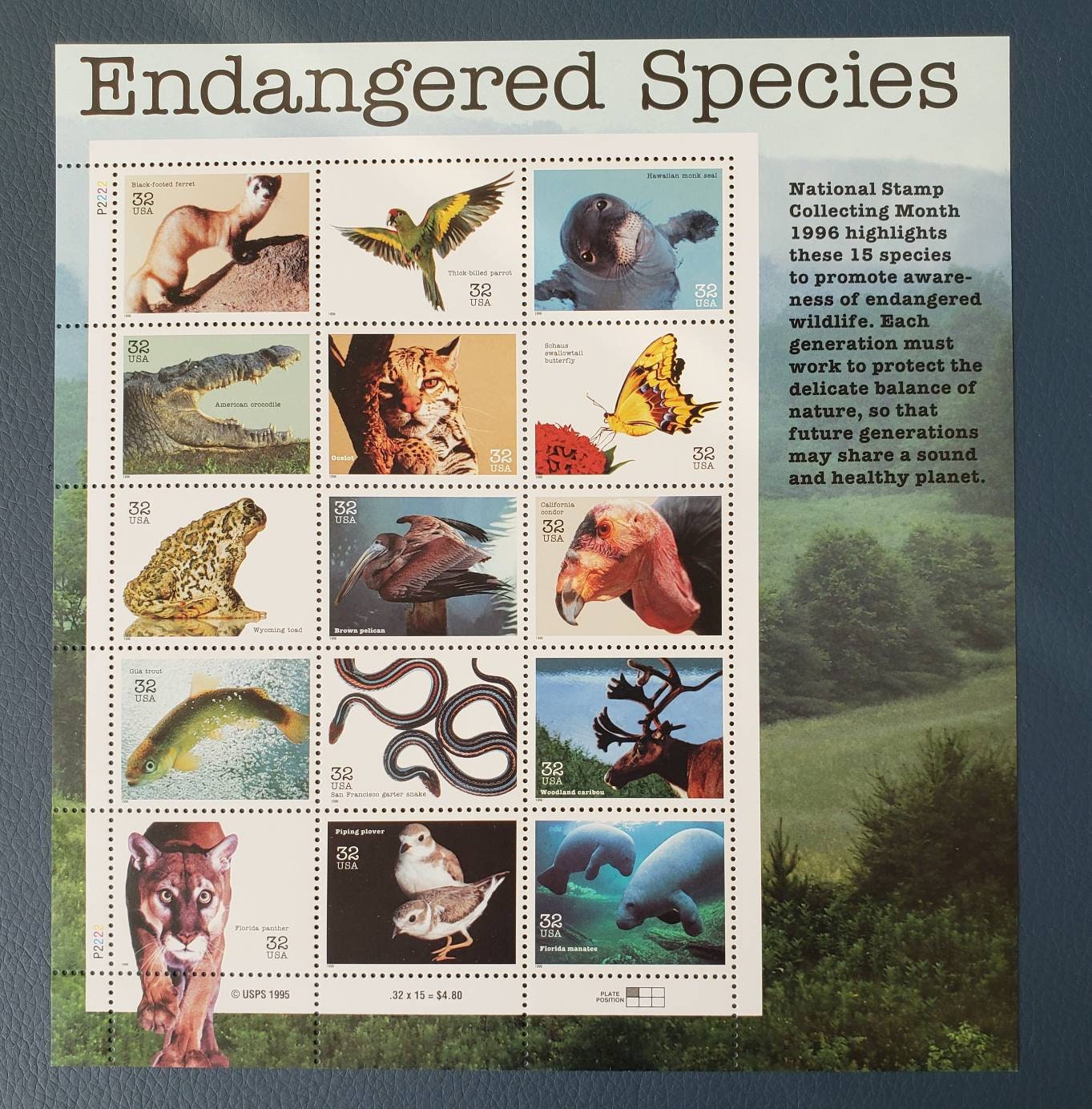 Fifteen (15) vintage postage stamps - Endangered species (sheet) // 32 cent stamps // Face value 4.80 dollars