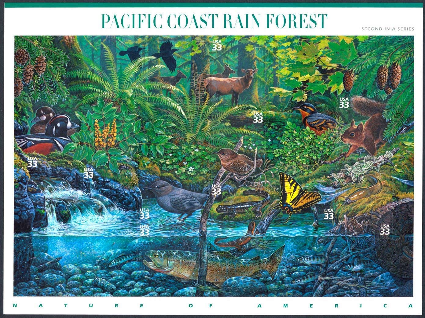 Ten (10) vintage postage stamps - Pacific Coast Rain Forest (2nd Nature of America sheet) // 33 cent stamps // Face value 3.30 dollars